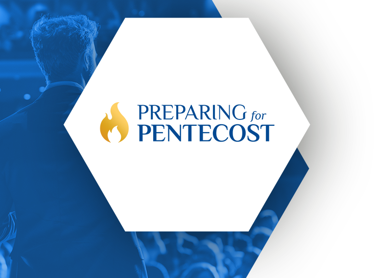 Preparing for Pentecost logo with a flame icon, placed in a hexagonal shape over a background of an audience.