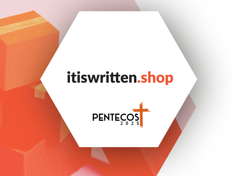 itiswritten.shop and Pentecost 2025 logos in a hexagonal shape over an image of shipping boxes.